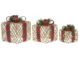 Set of 3 Light-Up Christmas Gift Boxes Brown with LED Lights Holiday Decorations with Bows for Indoor Use Beliani