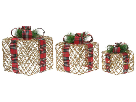Set of 3 Light-Up Christmas Gift Boxes Brown with LED Lights Holiday Decorations with Bows for Indoor Use Beliani