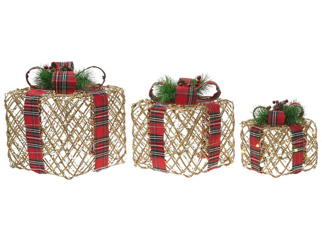 Set of 3 Light-Up Christmas Gift Boxes Brown with LED Lights Holiday Decorations with Bows for Indoor Use Beliani