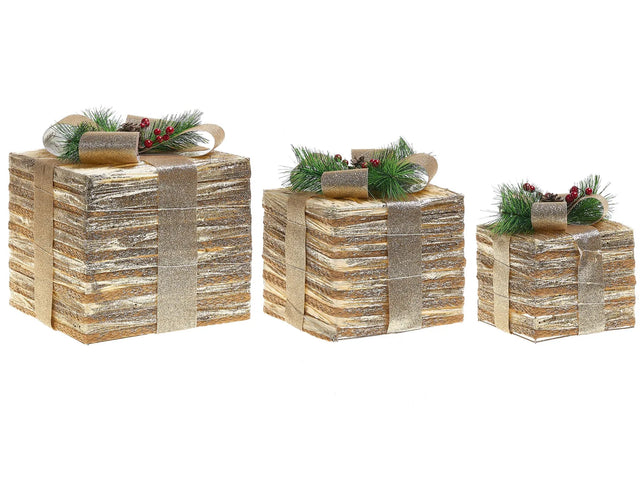 Set of 3 Light-Up Christmas Gift Boxes Gold with LED Lights Holiday Decorations with Bows for Indoor Use Beliani