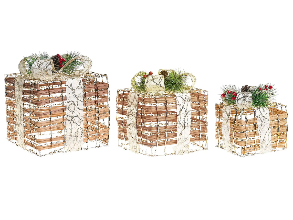 Set of 3 Light-Up Christmas Gift Boxes Brown with LED Lights Holiday Decorations with Bows for Indoor Use Beliani