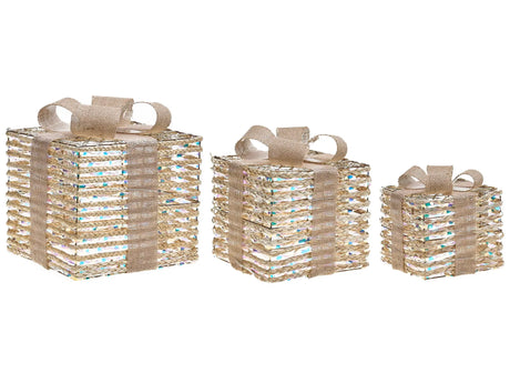 Set of 3 Light-Up Christmas Gift Boxes Beige with LED Lights Holiday Decorations with Bows for Indoor Use Beliani