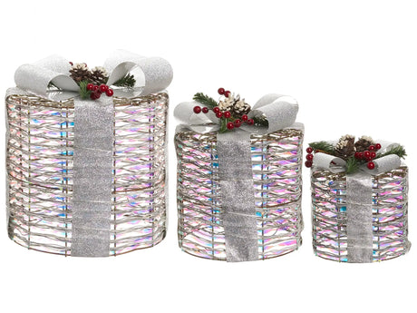 Set of 3 Light-Up Christmas Gift Boxes Silver with LED Lights Holiday Decorations with Bows for Indoor Use Beliani