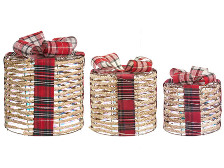 Set of 3 Light-Up Christmas Gift Boxes Beige with LED Lights Holiday Decorations with Bows for Indoor Use Beliani