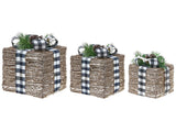 Set of 3 Rattan Light-Up Christmas Gift Boxes Brown with LED Lights Holiday Decorations with Bows for Indoor Use Beliani