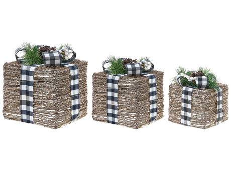 Set of 3 Rattan Light-Up Christmas Gift Boxes Brown with LED Lights Holiday Decorations with Bows for Indoor Use Beliani