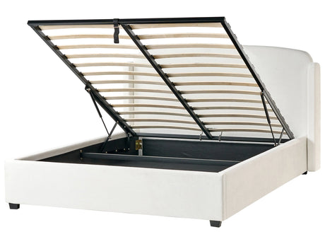 Bed Off-White Fabric Upholstery EU King Size 5ft3 Scandinavian Modern Minimalist Design Winged Headboard Beliani