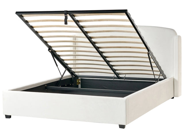 Bed Off-White Fabric Upholstery EU King Size 5ft3 Scandinavian Modern Minimalist Design Winged Headboard Beliani