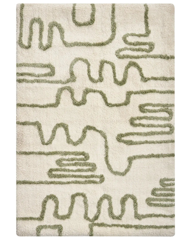 Bath Mat Beige and Green 60 x 90 cm Rectangular Shape Geometric Pattern Fluffy Bath Rug Bathroom Accessories Modern Design Beliani