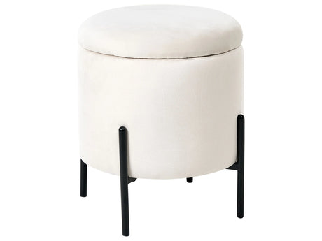 Storage Pouffe Off White Velvet Fabric Upholstered Seat Wooden Base Round Footstool Living Room Bedroom Beliani