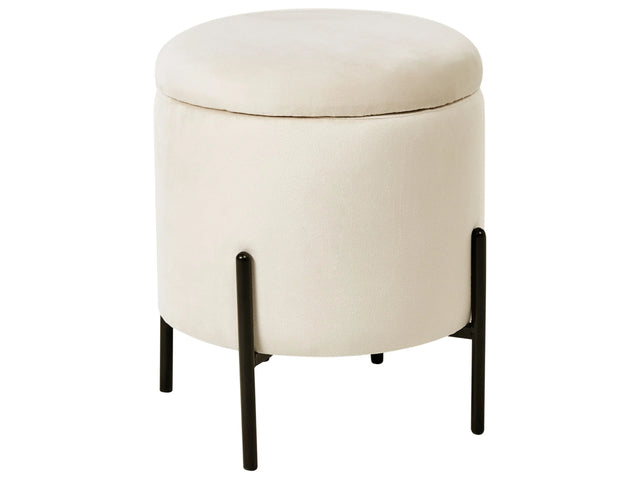 Storage Pouffe Light Beige Velvet Fabric Upholstered Seat Wooden Base Round Footstool Living Room Bedroom Beliani