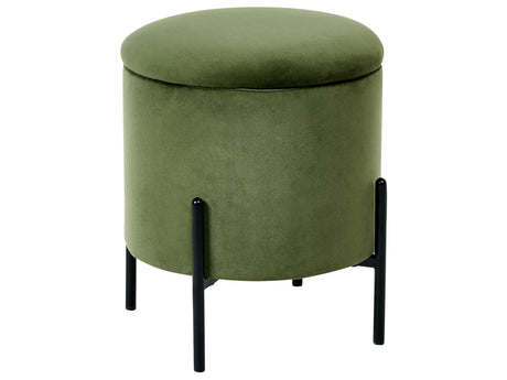 Storage Pouffe Dark Green Velvet Fabric Upholstered Seat Wooden Base Round Footstool Living Room Bedroom Beliani