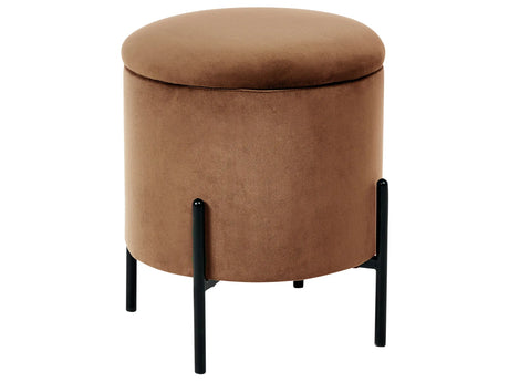 Storage Pouffe Dark Brown Velvet Fabric Upholstered Seat Wooden Base Round Footstool Living Room Bedroom Beliani