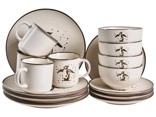 Set of 16 Pieces Off-White Stoneware Handmade Reactive Glaze Finish Service for 4 People Hammer Effect Penguin Kitchen Dining Room Beliani