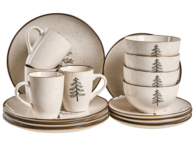 Set of 16 Pieces Off-White Stoneware Handmade Reactive Glaze Finish Service for 4 People Hammer Effect Christmas Tree Kitchen Dining Room Beliani