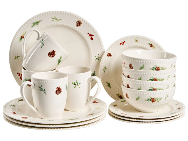 Set of 16 Pieces White Porcelain Handmade Reactive Glaze Finish Service for 4 People Hammer Effect Christmas Kitchen Dining Room Beliani