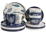 Set of 16 Pieces White and Blue Porcelain Handmade Reactive Glaze Finish Service for 4 People Hammer Effect Fish Motif Kitchen Dining Room Beliani