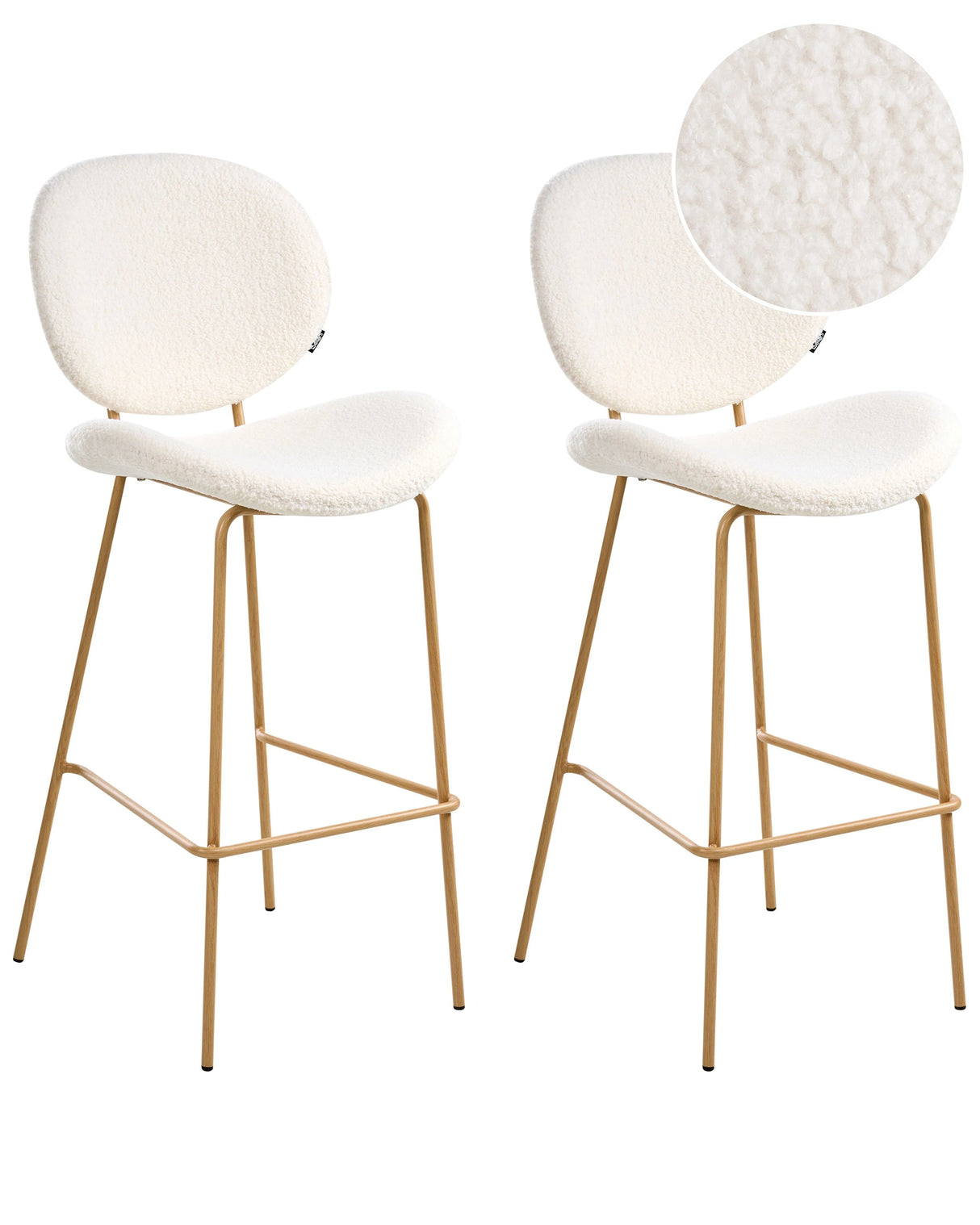 Set of 2 Bar Chairs White Boucle Light Brown Wood-Like Iron Legs Protection Caps Contemporary Retro Design Dining Room Seating Beliani