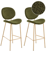 Set of 2 Bar Chairs Dark Green Boucle Light Brown Wood-Like Iron Legs Protection Caps Contemporary Retro Design Dining Room Seating Beliani
