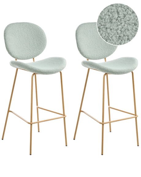 Set of 2 Bar Chairs Light Green Boucle Light Brown Wood-Like Iron Legs Protection Caps Contemporary Retro Design Dining Room Seating Beliani