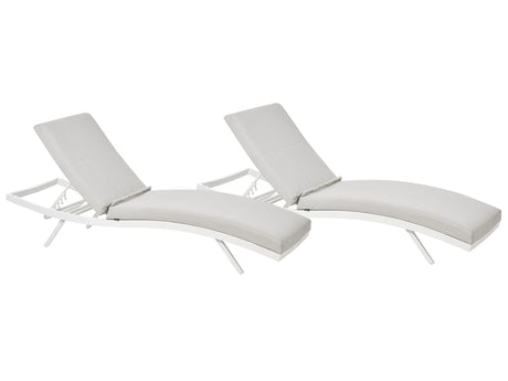 Set of 2 Garden Sun Loungers Light Grey Fabric White Aluminium Frame Adjustable Reclining Backrest Padded with Quick Dry Foam Modern Style Beliani