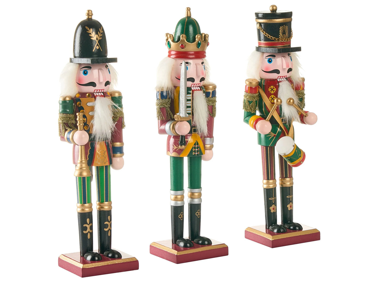 Nutcracker Set of 3 Nutcracker Figurines Dark Green Pine Wood Handmade Christmas Decor Beliani