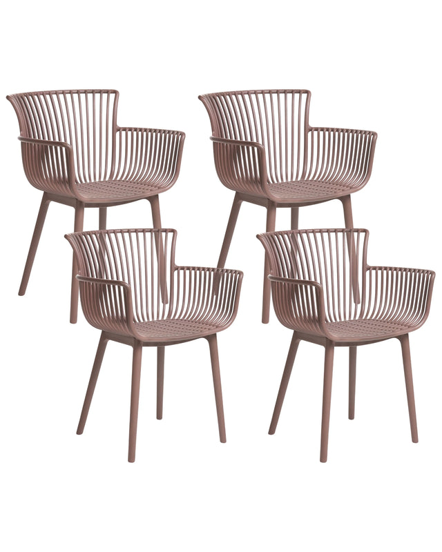 Set of 4 Dining Chairs Brown Plastic Indoor Outdoor Garden with Armrests Minimalistic Style Beliani