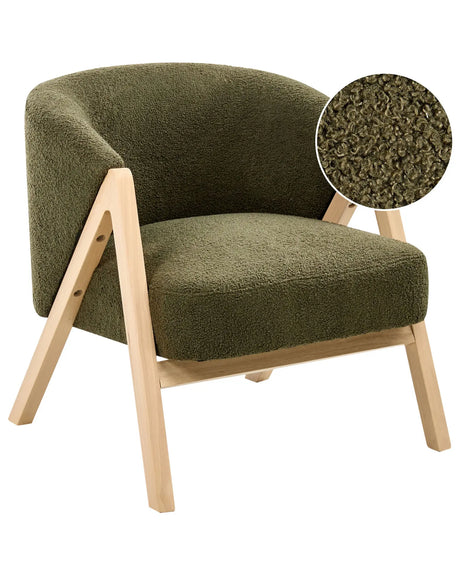 Armchair Dark Green Boucle Fabric Accent Chair Wooden Legs Modern Design Living Room Bedroom Beliani