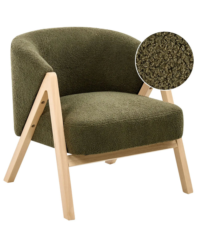 Armchair Dark Green Boucle Fabric Accent Chair Wooden Legs Modern Design Living Room Bedroom Beliani