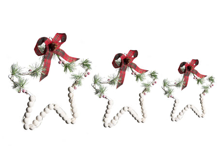 Set of 3 Christmas Decorations White Fir Wood LED Light Hanging Star Handmade Traditional Beliani