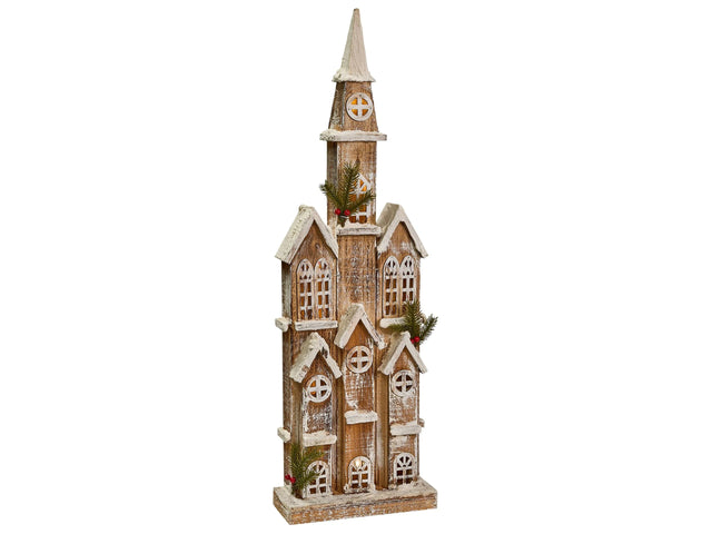 Christmas Decoration Light Brown Fir Wood LED Light Church Figurine Handmade Traditional Beliani
