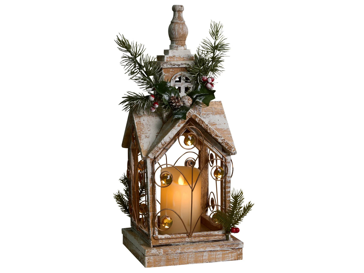 LED Lantern Light Brown Fir Wood Christmas Decoration Handmade Traditional Beliani