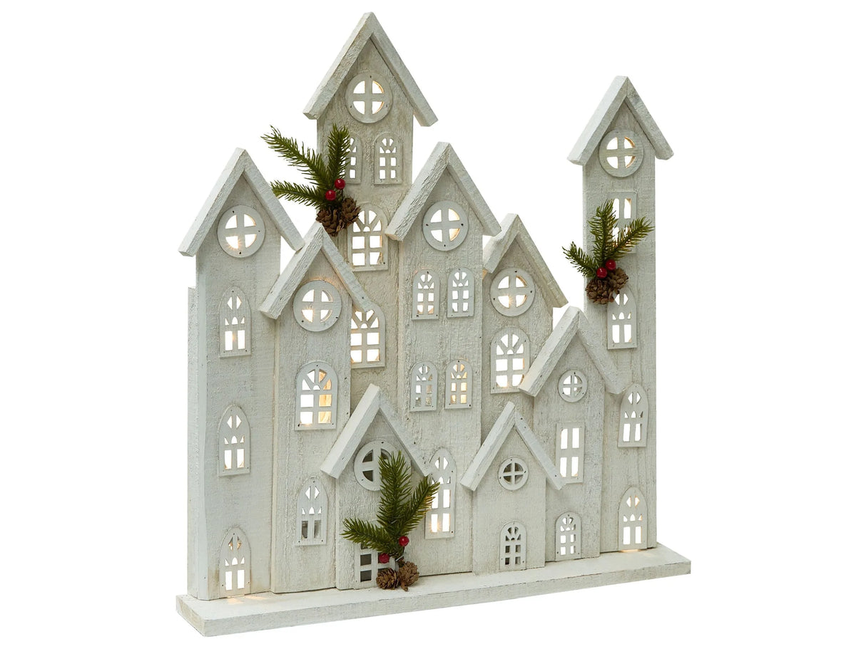 LED Christmas Decoration White Fir Wood House Shape Handmade Traditional Beliani
