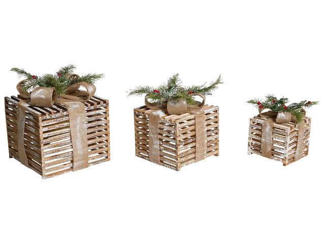 Set of 3 Christmas Decorations Brown Fir Wood LED Light Christmas Gifts Handmade Traditional Beliani