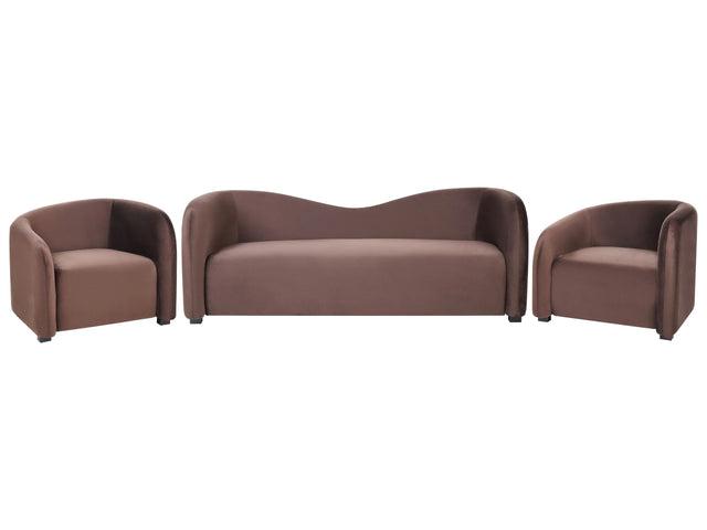 Living Room Set Dark Brown Velvet Upholstered Front &amp; Back Sofa and Armchairs Curved Backrest Shape Modern Beliani
