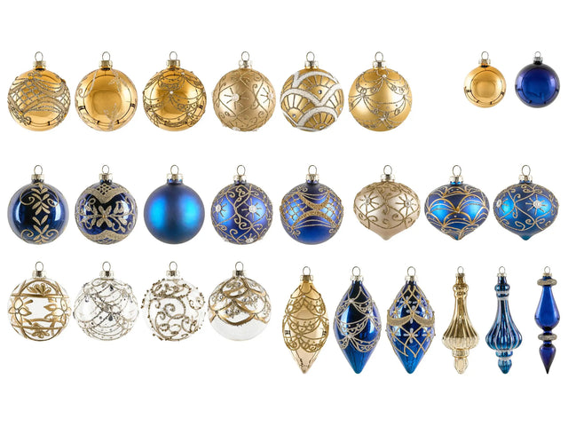 Set of 35 Christmas Baubles Blue and Gold Glass Hanging Decor Traditional Style Christmas Balls Holiday Tree Beliani