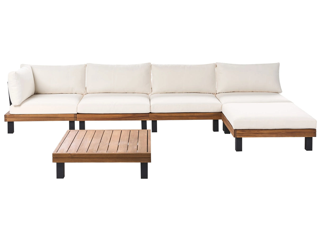 Garden Modular Corner Sofa Set Off-White Polyester Cushions Certified Acacia Wood Frame with Coffee Table Beliani