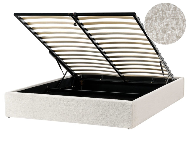 Slatted Bed Frame Off-White Boucle Upholstered Ottoman Storage 5ft3 EU King Size Modern Design Beliani