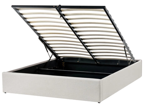 Slatted Bed Frame Light Beige Polyester Fabric Upholstered Ottoman Storage 4ft6 EU Double Size Modern Design Beliani