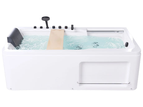 Hot Tub Bath White Acrylic Oak Wood 1800 x 860 mm with Massage Headrest Bathroom Tray Included Beliani