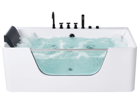 Bathtub with Hydro Massage White Acrylic Stainless Steel Black Fittings 1600 x 750 mm Glass Panel Headrest Beliani