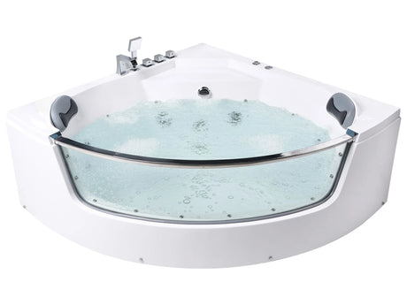 Corner Hot Tub Bath White Acrylic Stainless Steel Fittings 2100 x 1480 mm SPA with LED Hydro Massage Jets Headrests Beliani