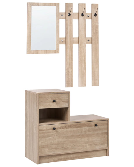 Hallway Set Light Brown Chipboard Hall Tree Storage Unitr with Shoe Storage Cabinet Mirror and Coat Hooks Beliani