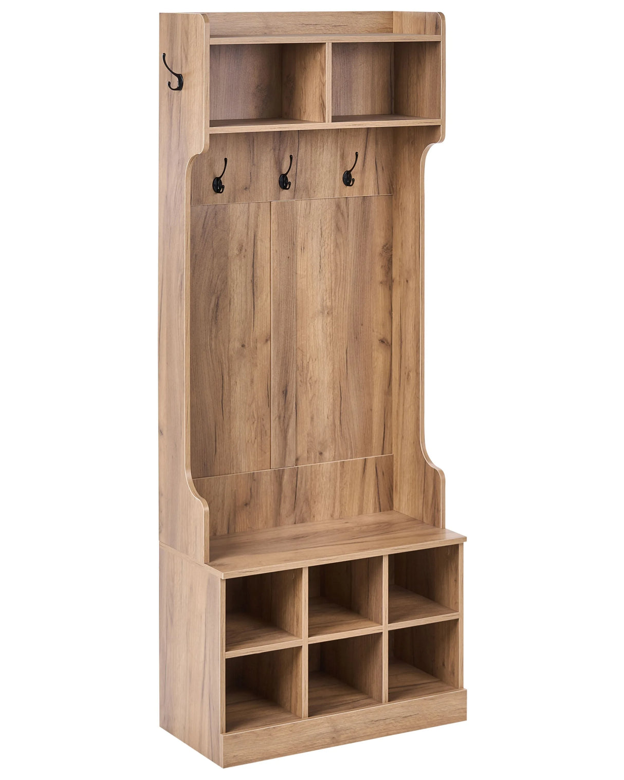 Shoe Storage with Coat Rack Light Brown Chipboard 6 Shoe Compartments 4 Hooks Beliani