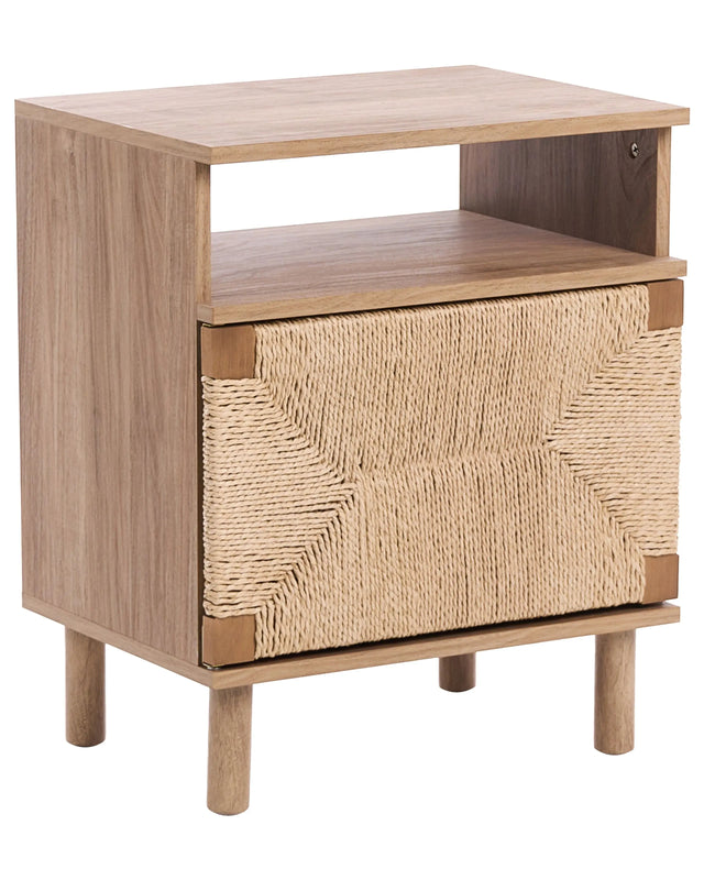 Bedside Table Light Brown Particle Board Paper Rope Front Nightstand Modern Boho Style Bedroom Storage Beliani