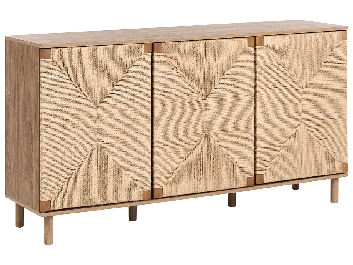 3 Door Sideboard Light Brown Particle Board 150 cm Paper Rope Front Cabinet Modern Boho Style Living Room Storage Beliani