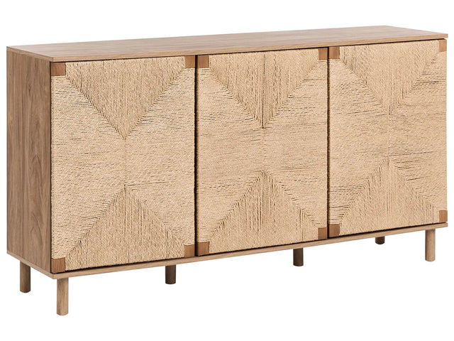 3 Door Sideboard Light Brown Particle Board 150 cm Paper Rope Front Cabinet Modern Boho Style Living Room Storage Beliani