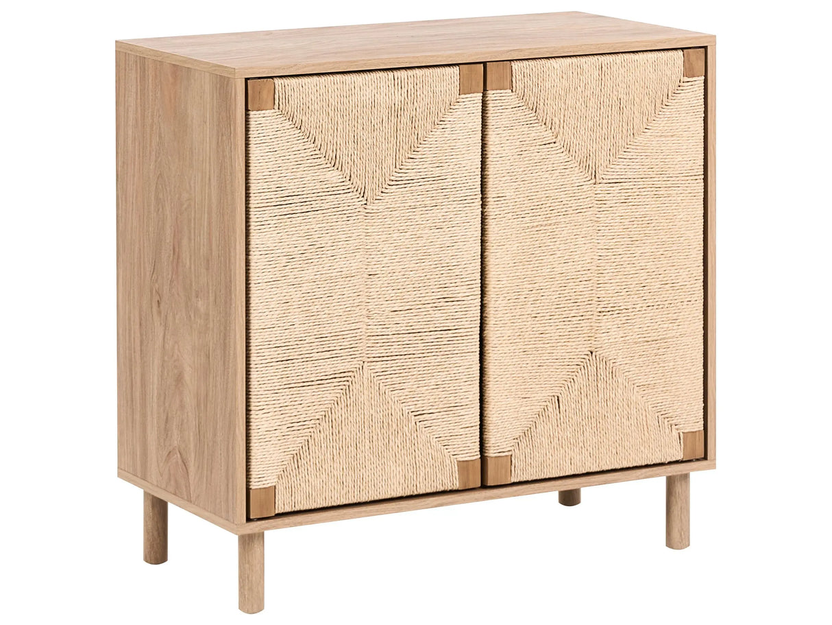 2 Door Sideboard Light Brown 80 cm Particle Board Paper Rope Front Cabinet Modern Boho Style Living Room Storage Beliani