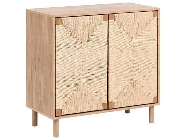 2 Door Sideboard Light Brown 80 cm Particle Board Paper Rope Front Cabinet Modern Boho Style Living Room Storage Beliani