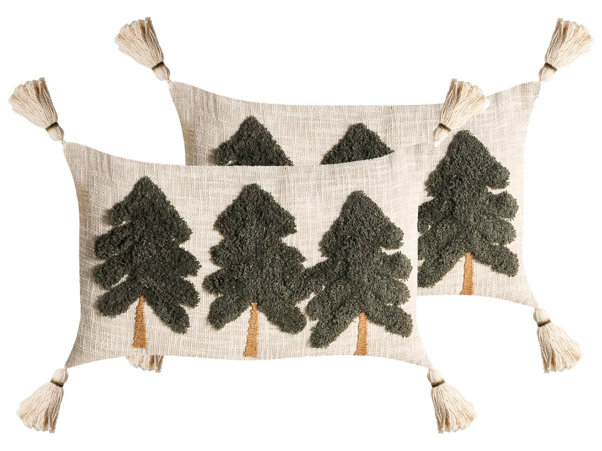 Set of 2 Scatter Cushions Light Beige and Green Cotton Fabric Decorative Christmas Motif 30 x 50 cm Home Accessory Beliani